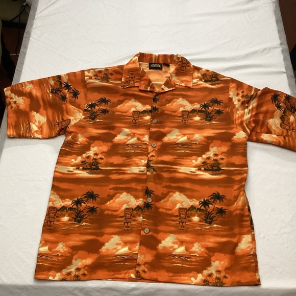 Vintage ODO Orange Hawaiian Totem Pole Button Up Board Shirt Men's X-Large - Picture 1 of 6